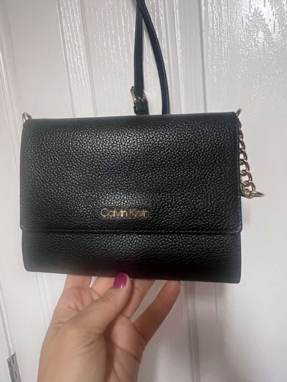 Calvin Klein Black Pebbled Leather Crossbody with Gold Chain Detail